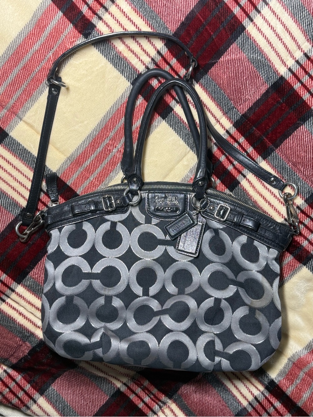 Vtg Coach Signature C Op Art Satchel Shoulder/Crossbody Bag in Black/Gray/Silver